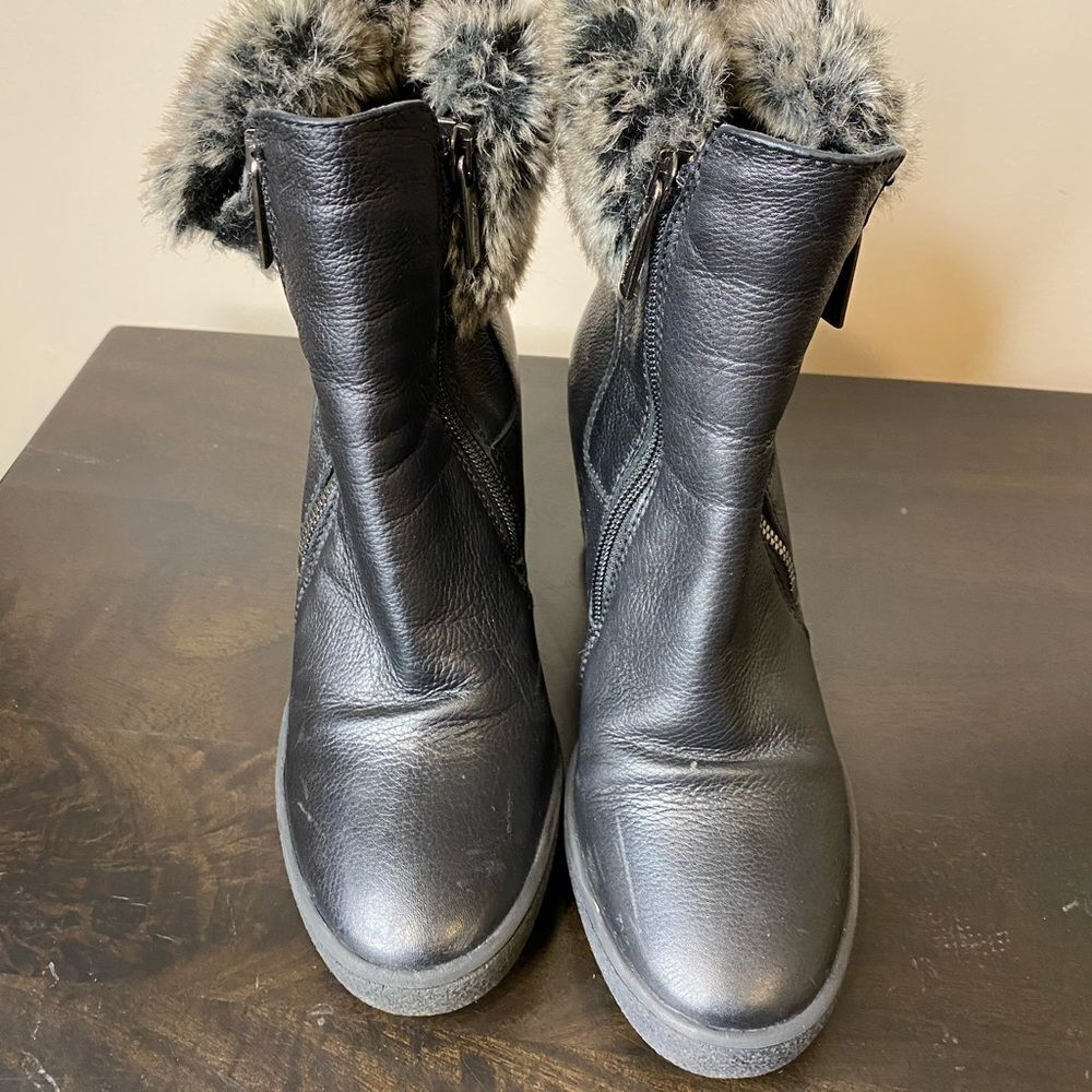 Aquatalia black wedge platform side zip fur cuff boots, size 5 - Picture 2 of 16